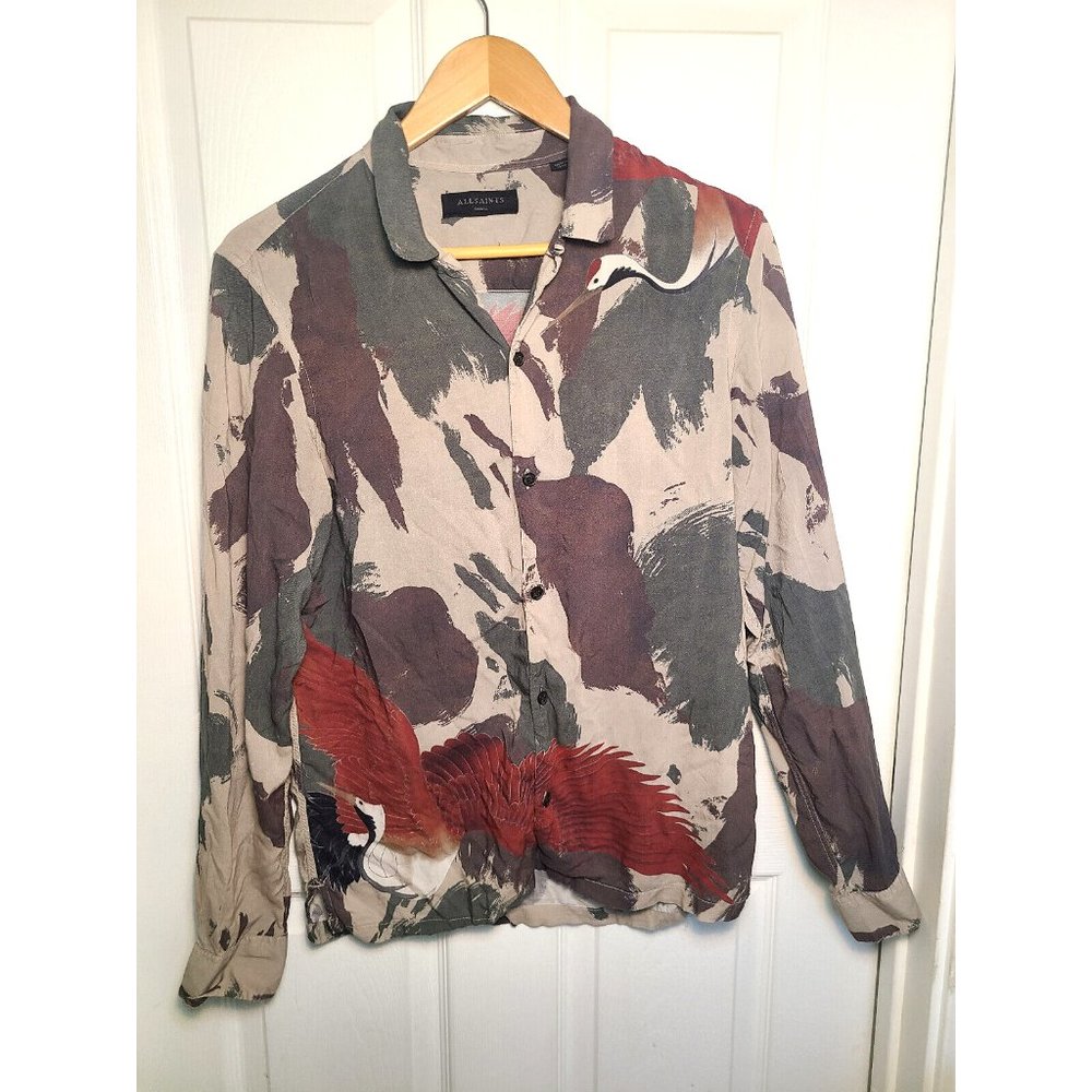ALLSAINTS Shirt, S, Lucerne, Long Sleeve, Birds/Cranes, Camo, Spread collar